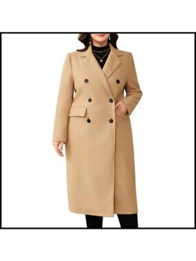 Plus Size Wool Blend Pea Coat Double Breasted Notch Lapel Long Trench Coat